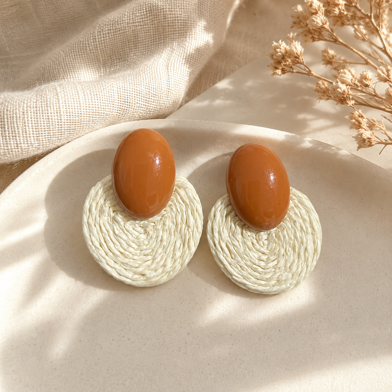 Brown and Cream Woven Raffia Statement Earrings