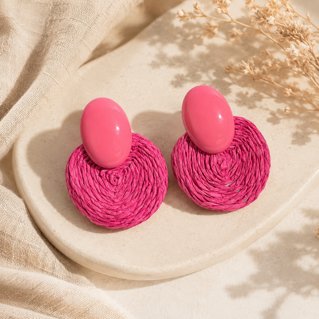 Hot Pink Woven Raffia Statement Earrings