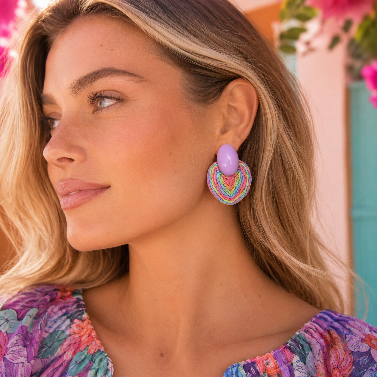 Lilac Multi-Color Woven Raffia Statement Earrings