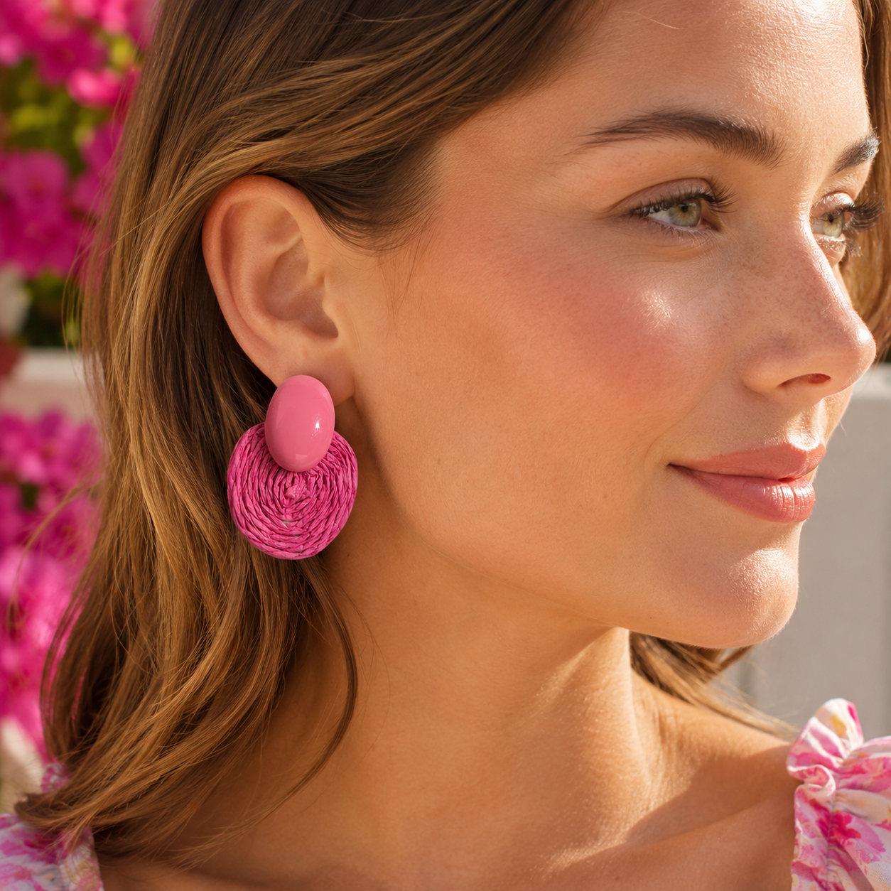 Hot Pink Woven Raffia Statement Earrings