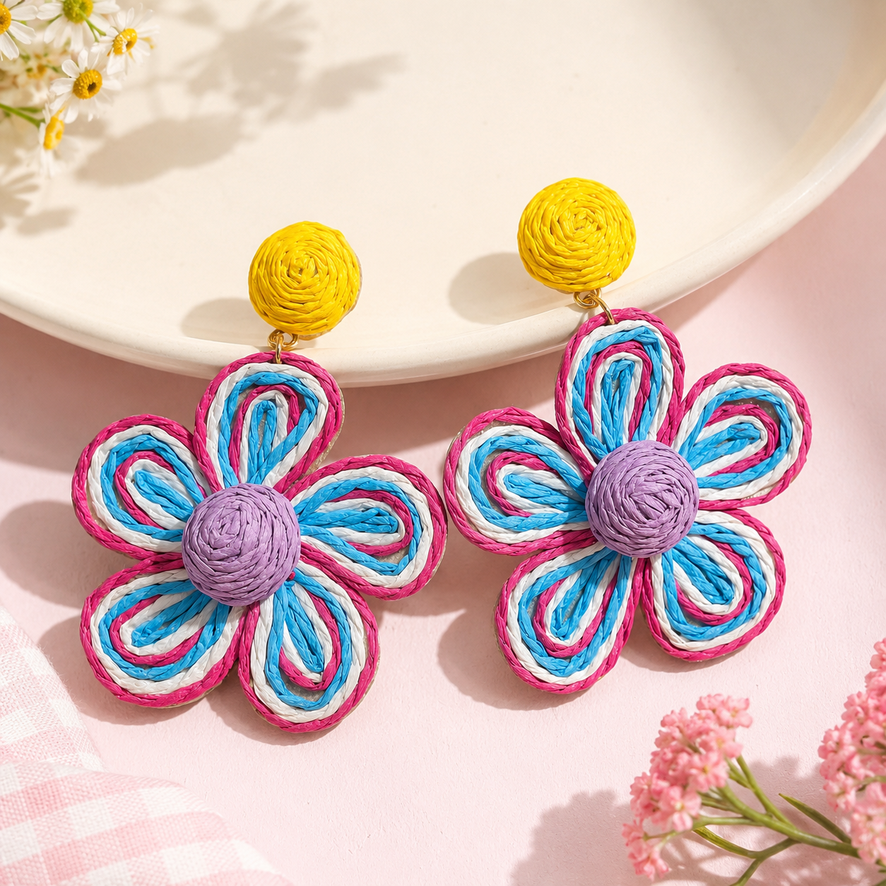 Multi-Color Woven Raffia Flower Statement Earrings
