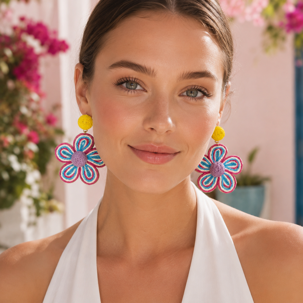 Multi-Color Woven Raffia Flower Statement Earrings