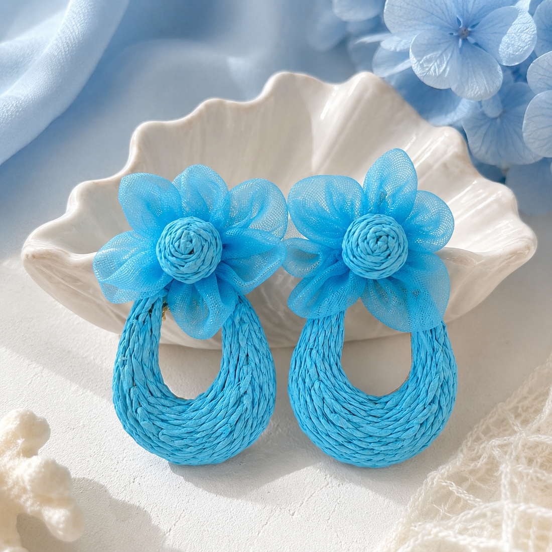 Light Blue Mesh Flower Woven Raffia Statement Earrings