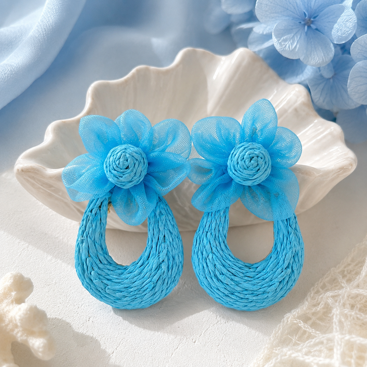 Light Blue Mesh Flower Woven Raffia Statement Earrings