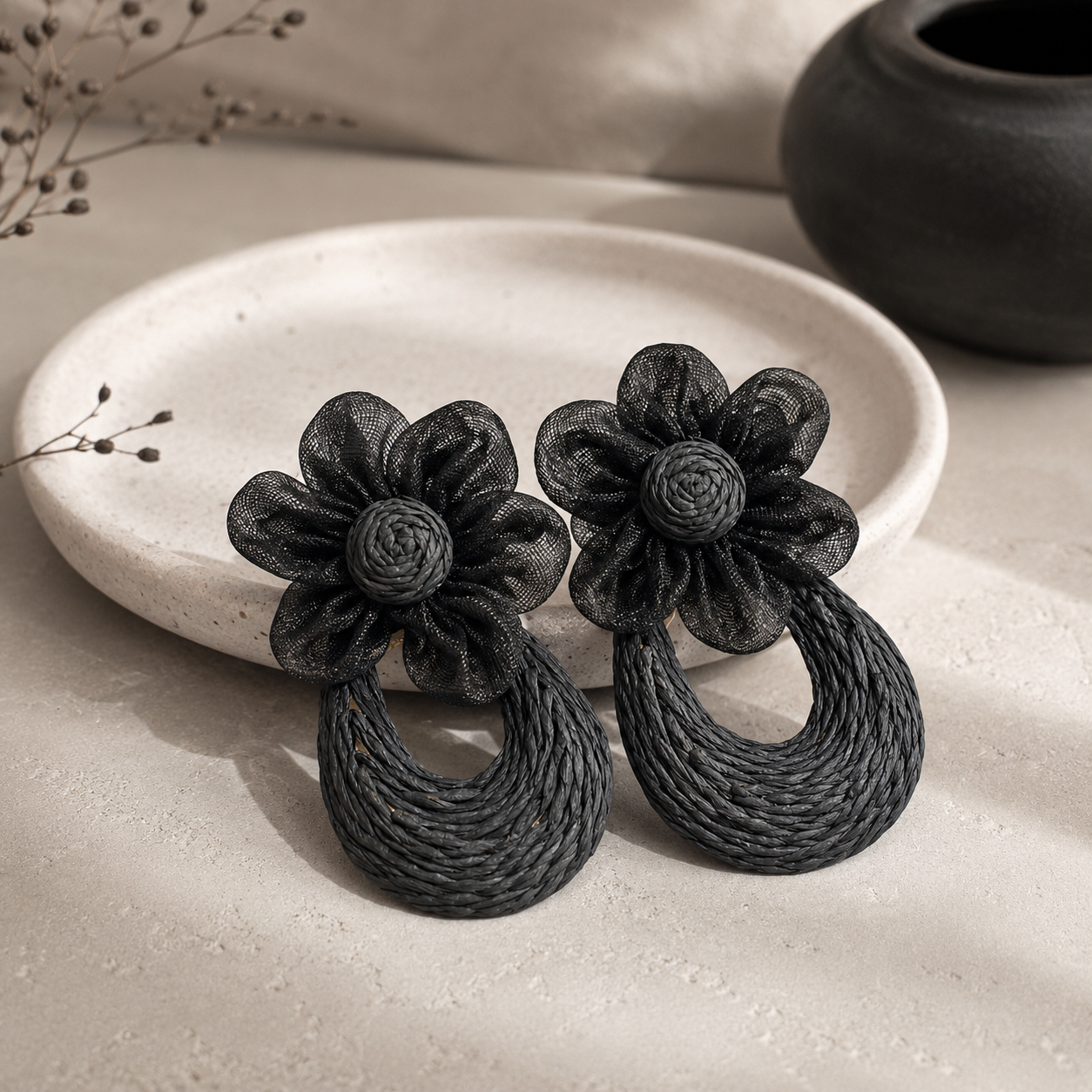 Black Mesh Flower Woven Raffia Statement Earrings