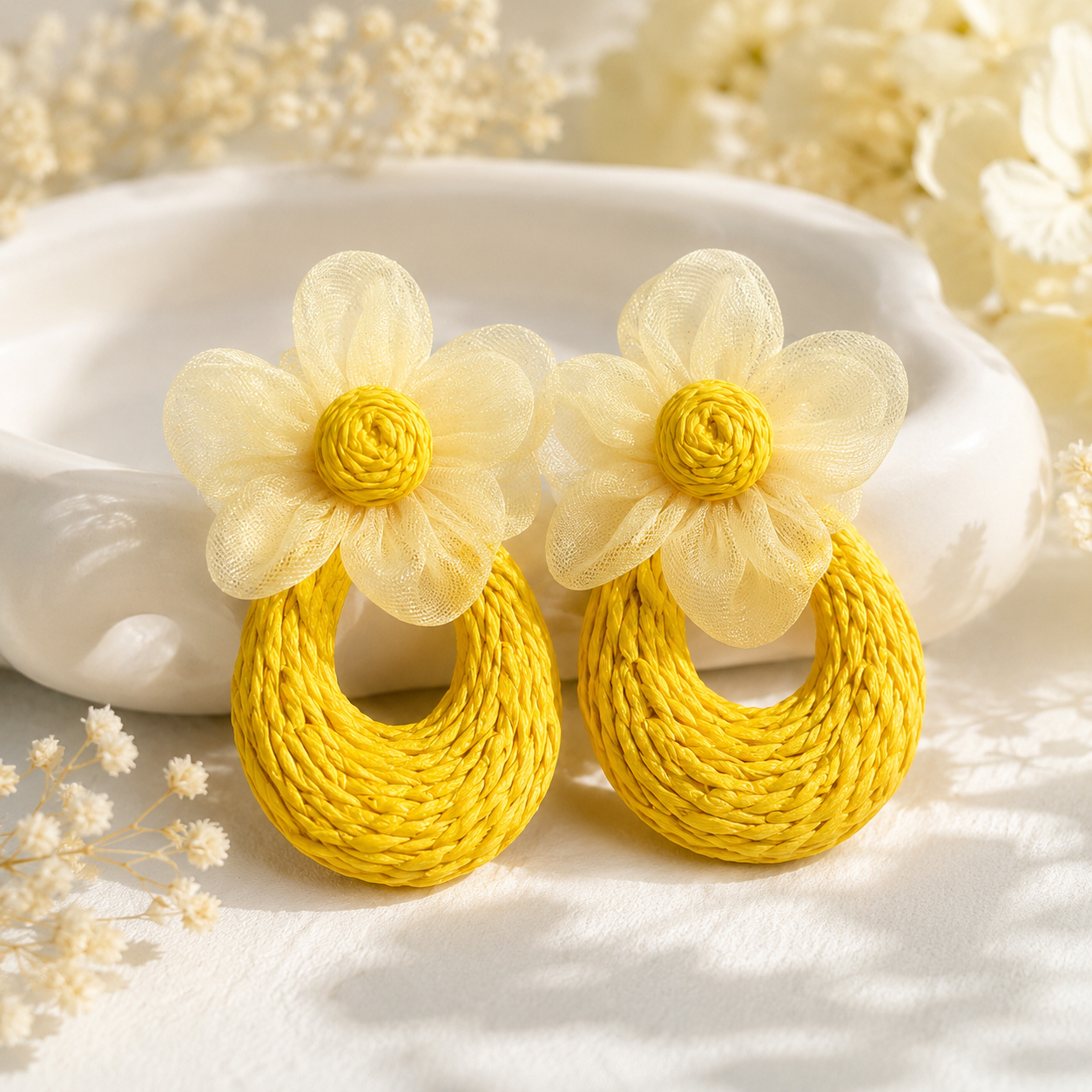 Yellow Mesh Flower Woven Raffia Statement Earrings