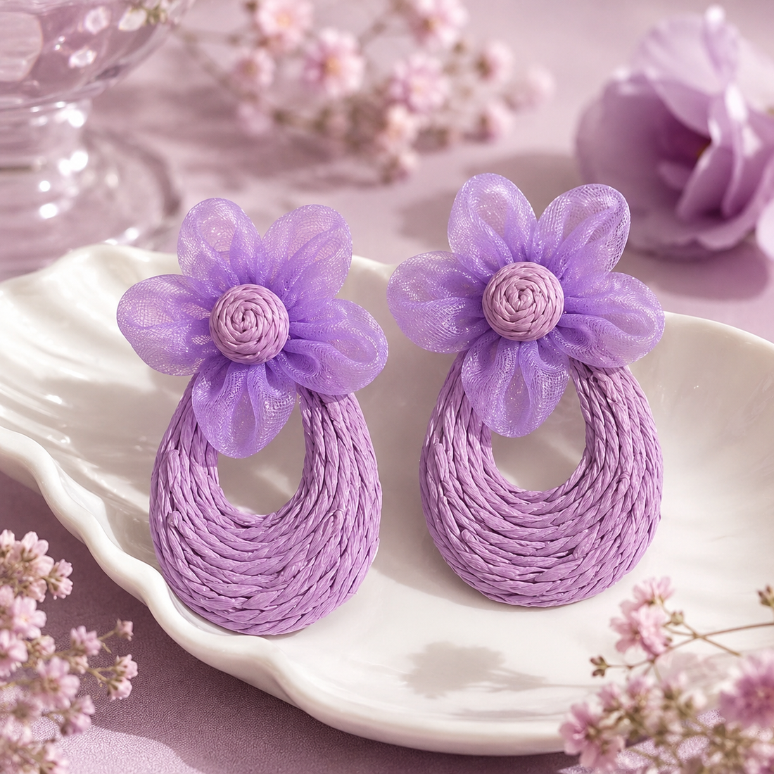Purple Mesh Flower Woven Raffia Statement Earrings
