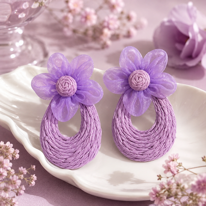 Purple Mesh Flower Woven Raffia Statement Earrings