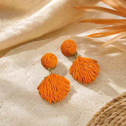 Orange Woven Raffia Fan Drop Earrings