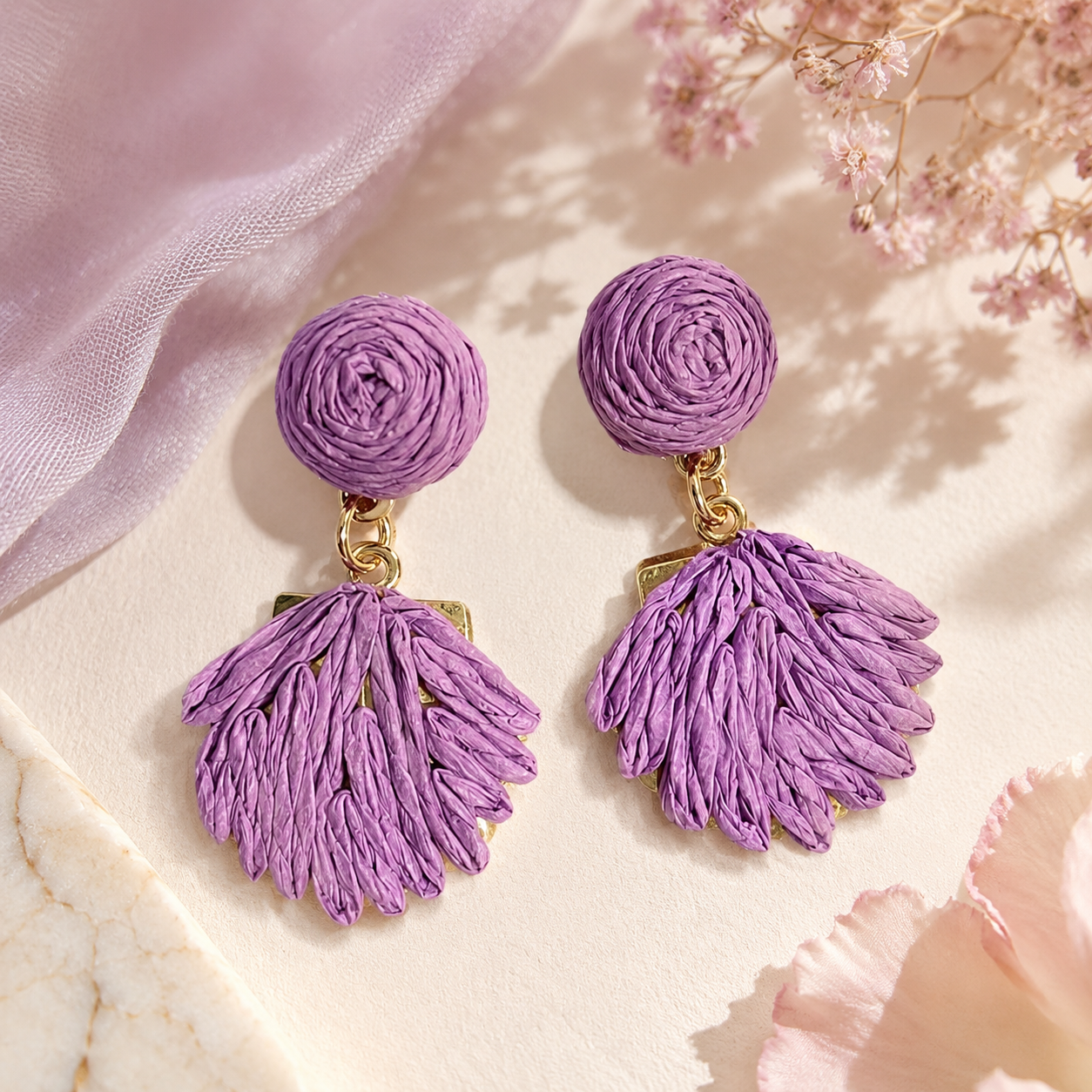 Lavender Woven Raffia Fan Drop Earrings