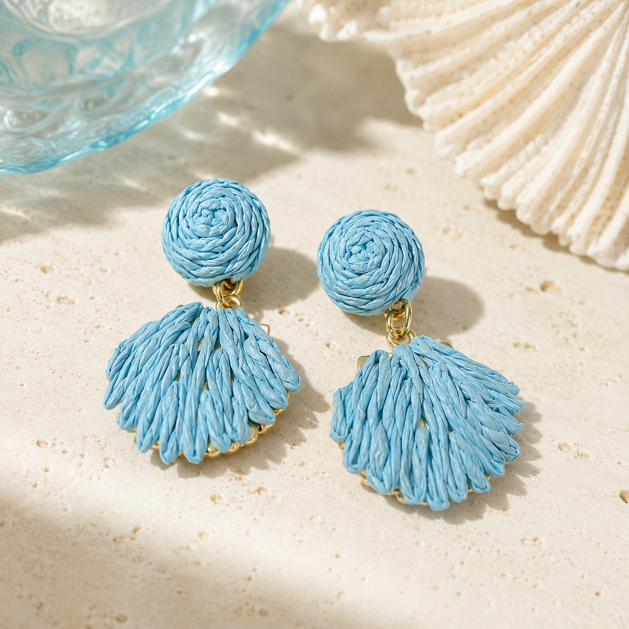 Light Blue Woven Raffia Fan Drop Earrings