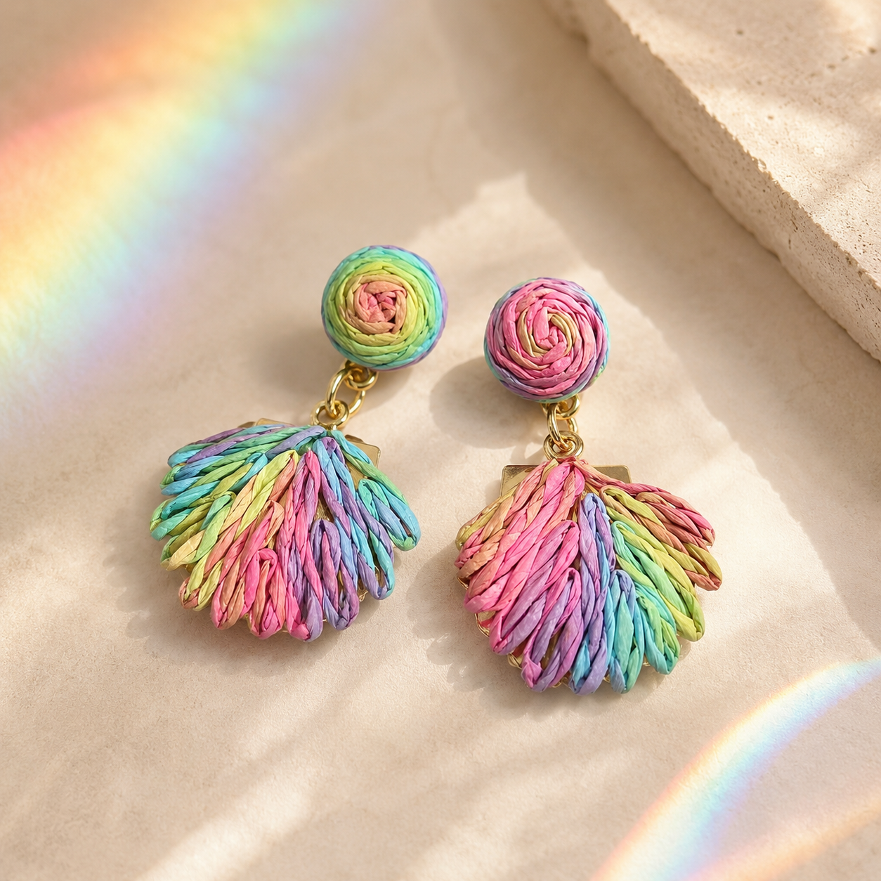 Pastel Multi-Color Woven Raffia Fan Drop Earrings
