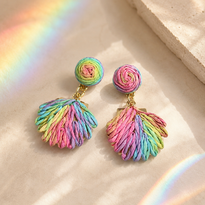 Pastel Multi-Color Woven Raffia Fan Drop Earrings