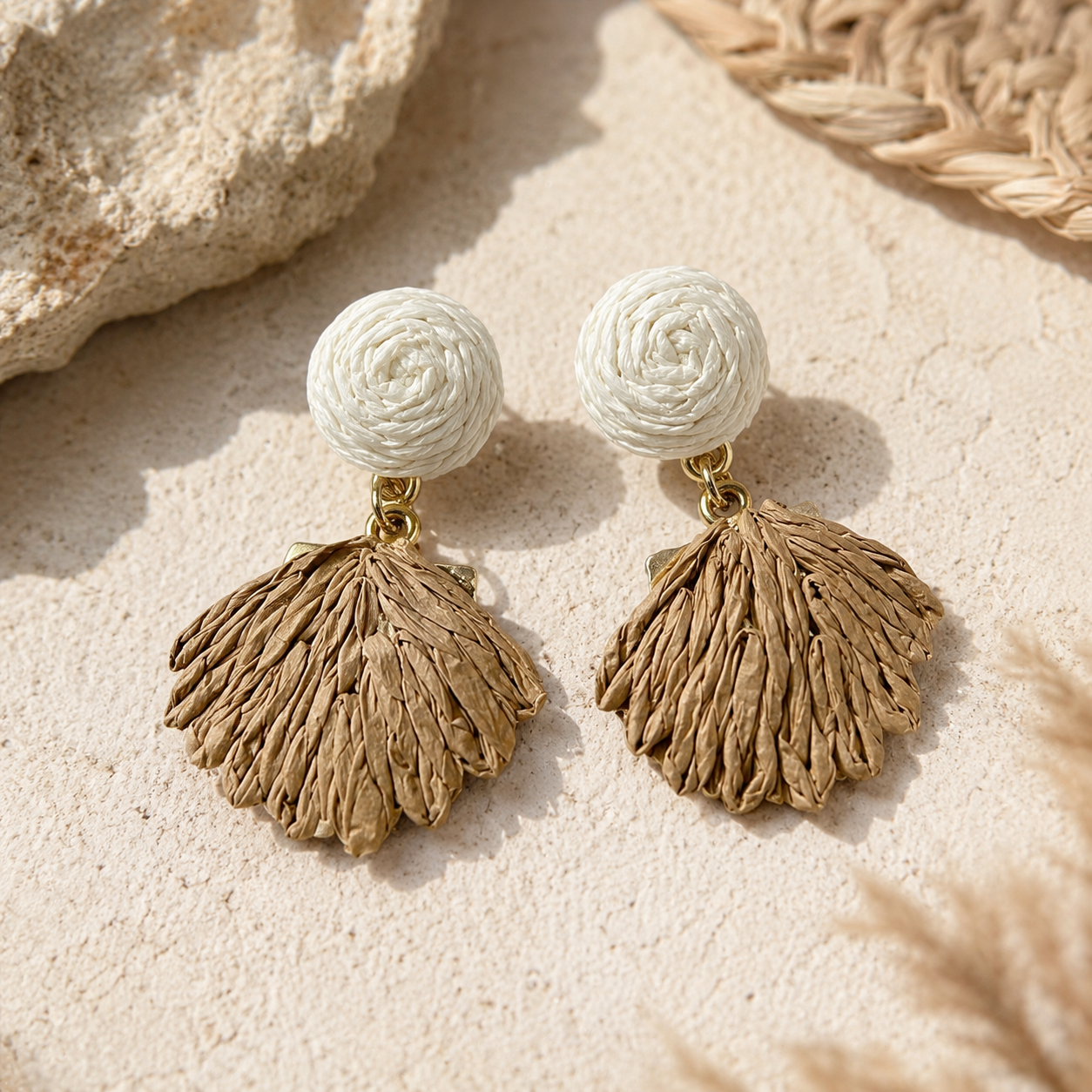 Cream &amp; Tan Woven Raffia Fan Drop Earrings