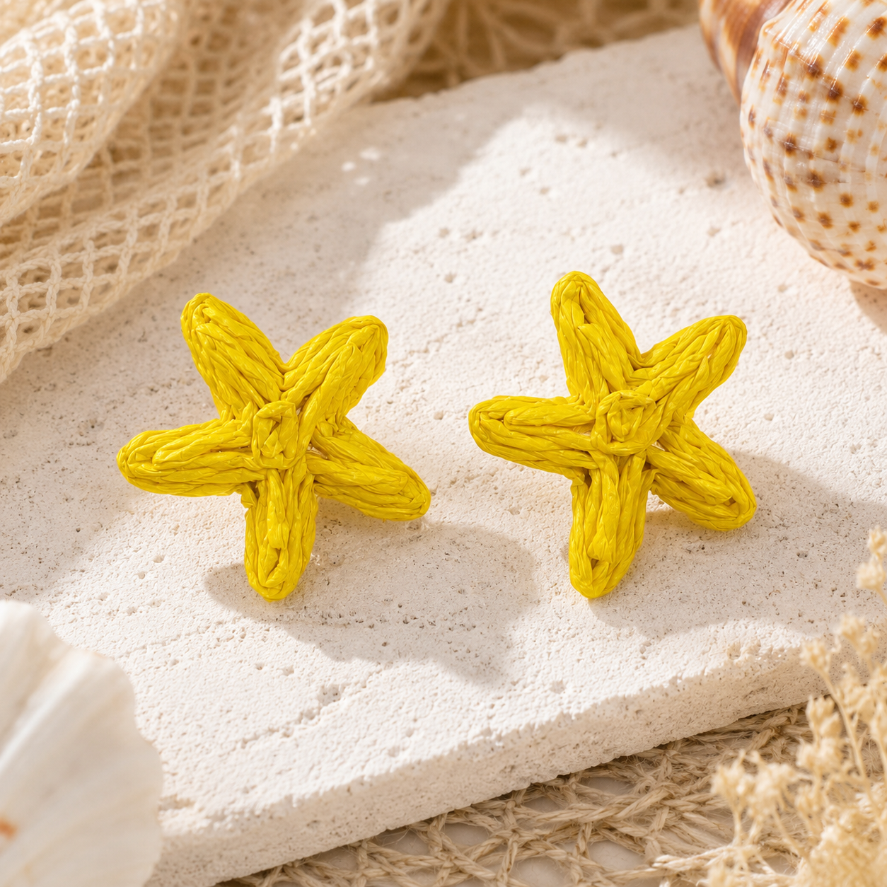 Yellow Woven Raffia Starfish Earrings