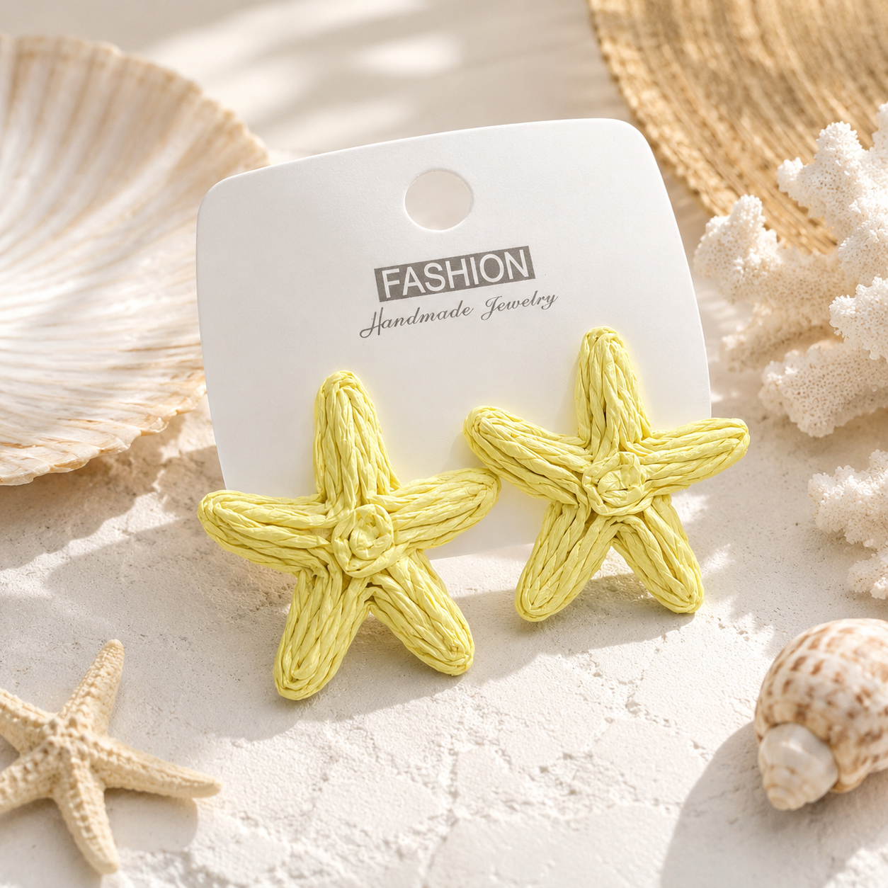 Lemon Yellow Woven Raffia Starfish Earrings