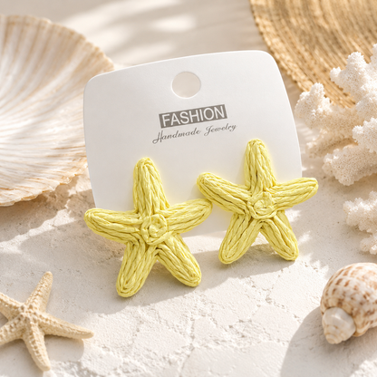 Lemon Yellow Woven Raffia Starfish Earrings
