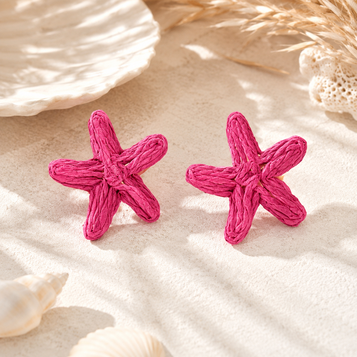Hot Pink Woven Raffia Starfish Earrings