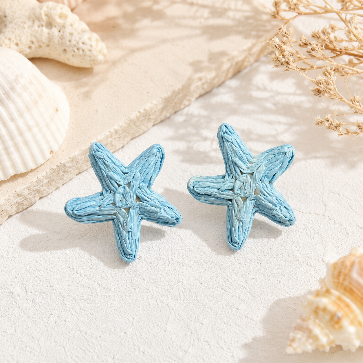 Light Blue Woven Raffia Starfish Earrings