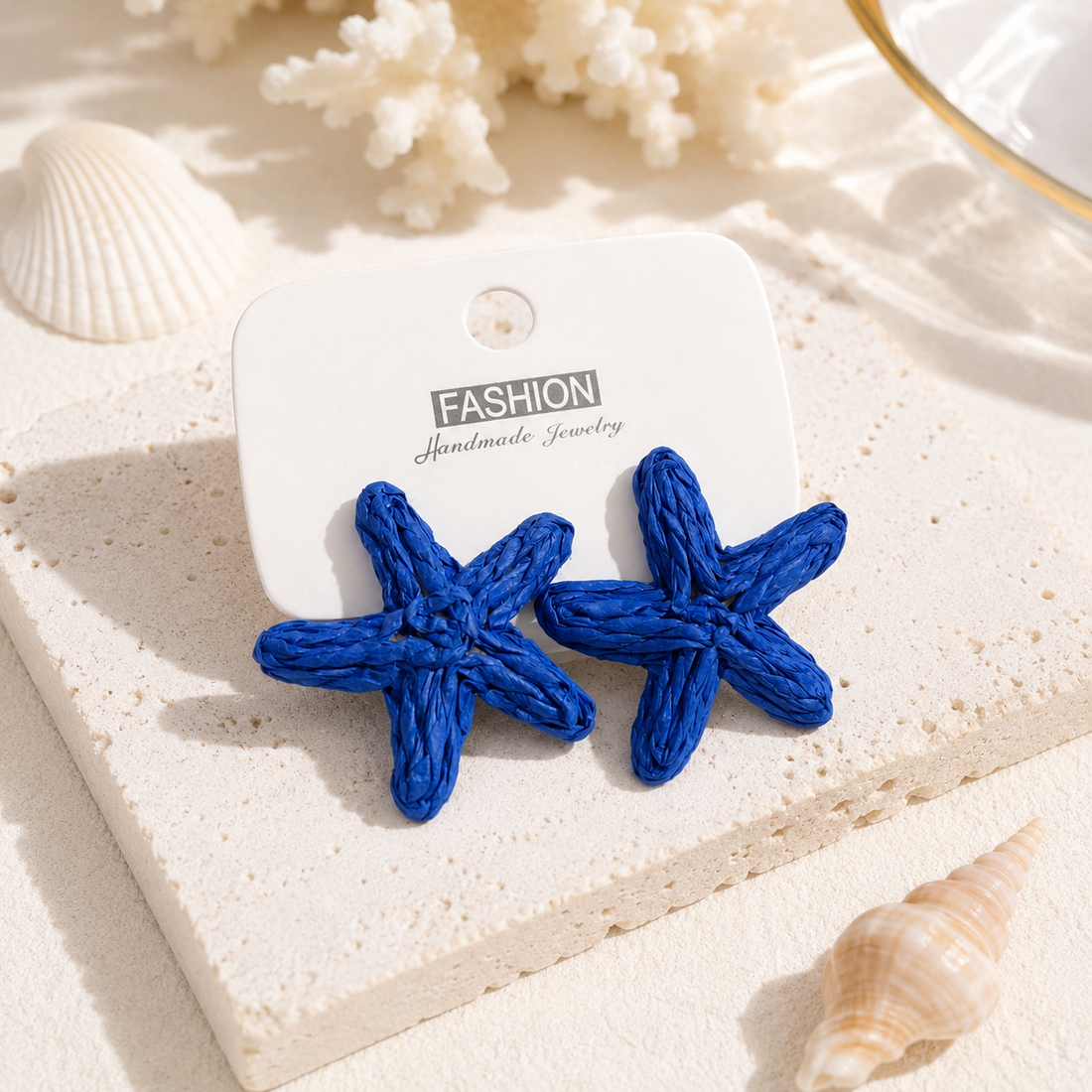 Royal Blue Woven Raffia Starfish Earrings
