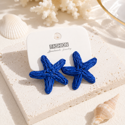 Royal Blue Woven Raffia Starfish Earrings