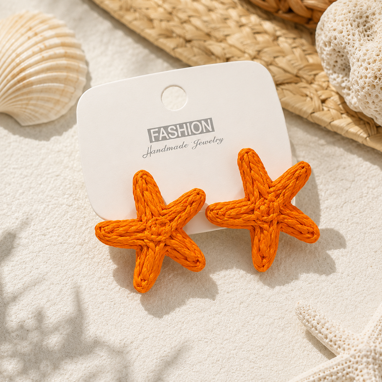 Orange Woven Raffia Starfish Earrings