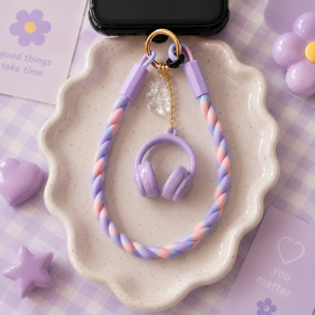 Lilac Swirl Silicone Wrist Strap with Headphone Charm