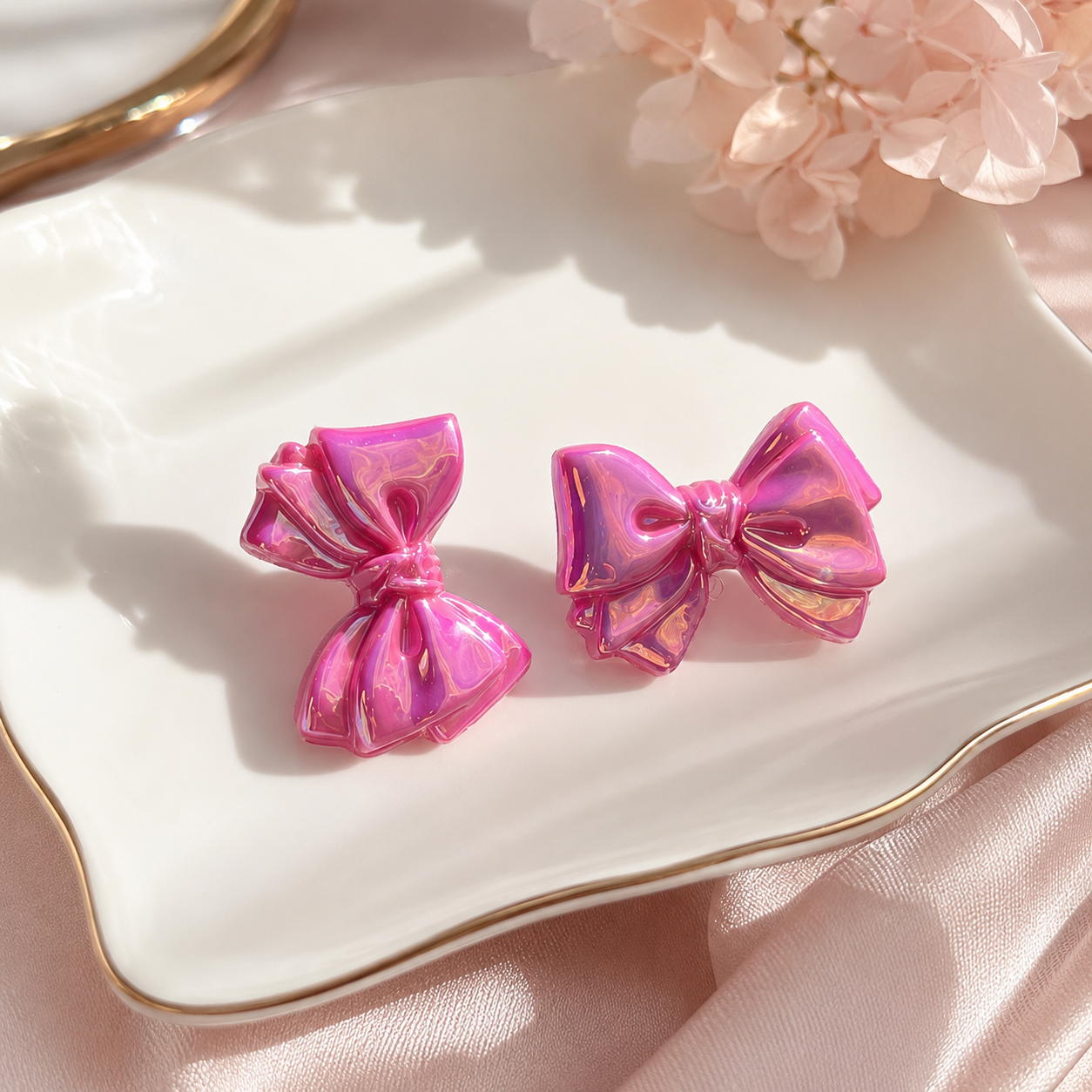 Hot Pink Iridescent Acrylic Bow Earrings