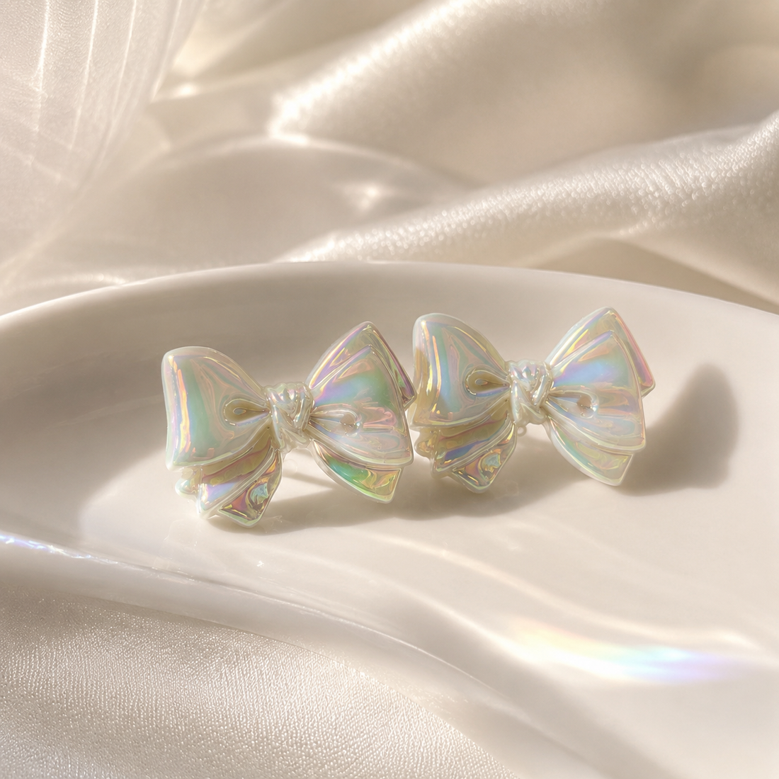 White Iridescent Acrylic Bow Earrings
