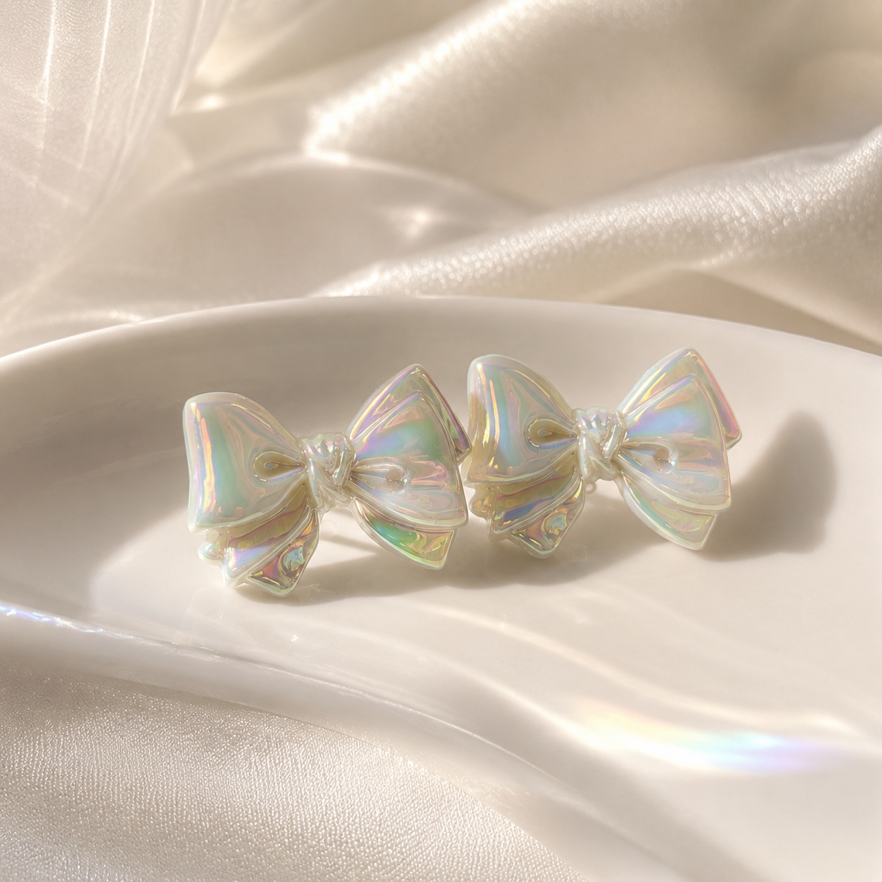 White Iridescent Acrylic Bow Earrings