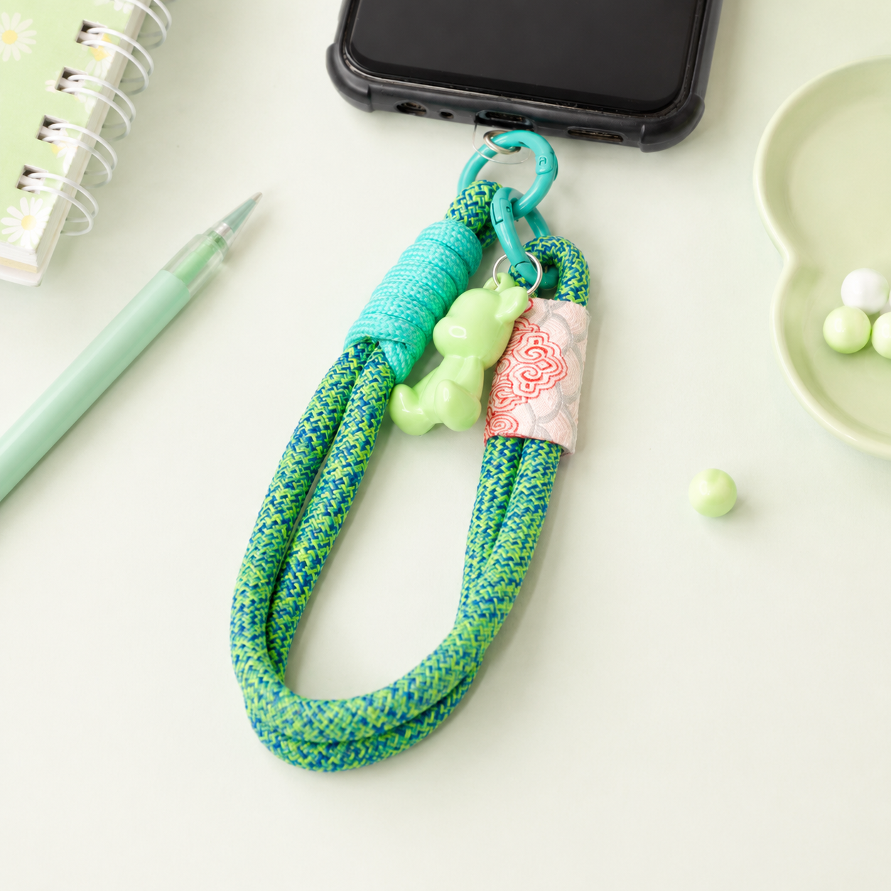 Green &amp; Blue Braided Mobile Wrist Strap with Bear Charm