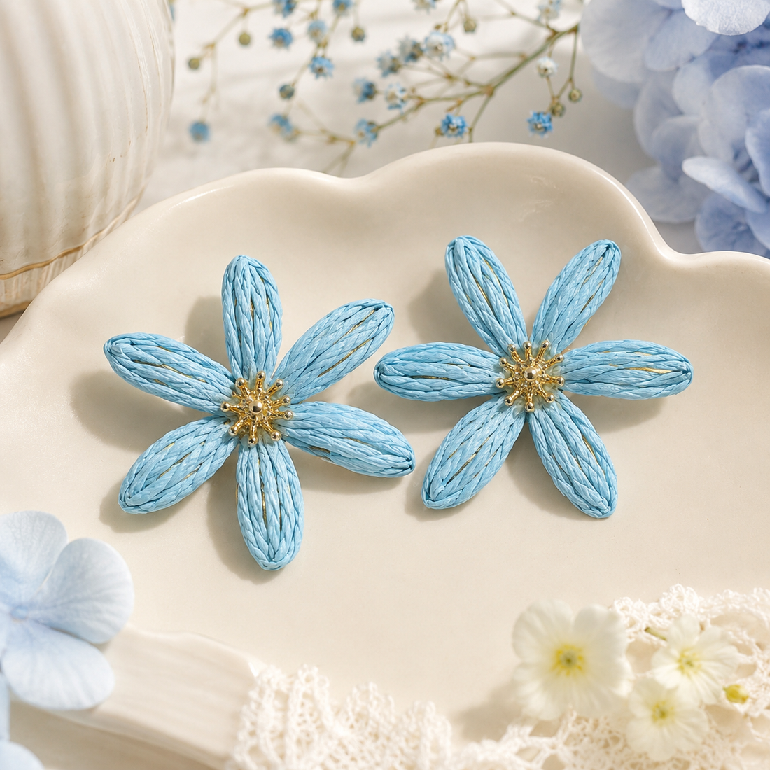 Light Blue Woven Raffia Daisy Earrings