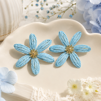 Light Blue Woven Raffia Daisy Earrings
