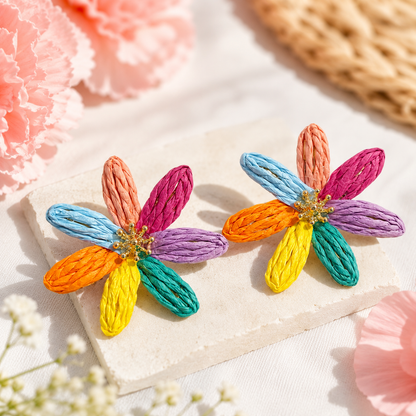 Rainbow Color-Block Woven Raffia Daisy Earrings
