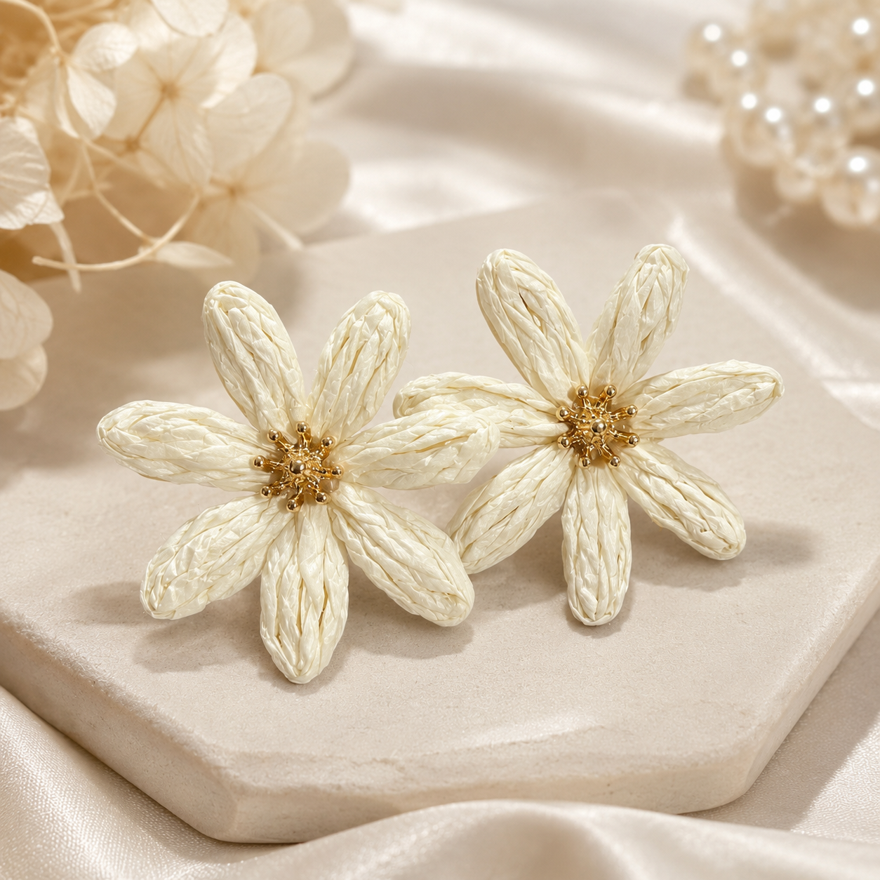 Cream Woven Raffia Daisy Earrings