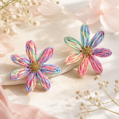 Pastel Mixed-Color Woven Raffia Daisy Earrings