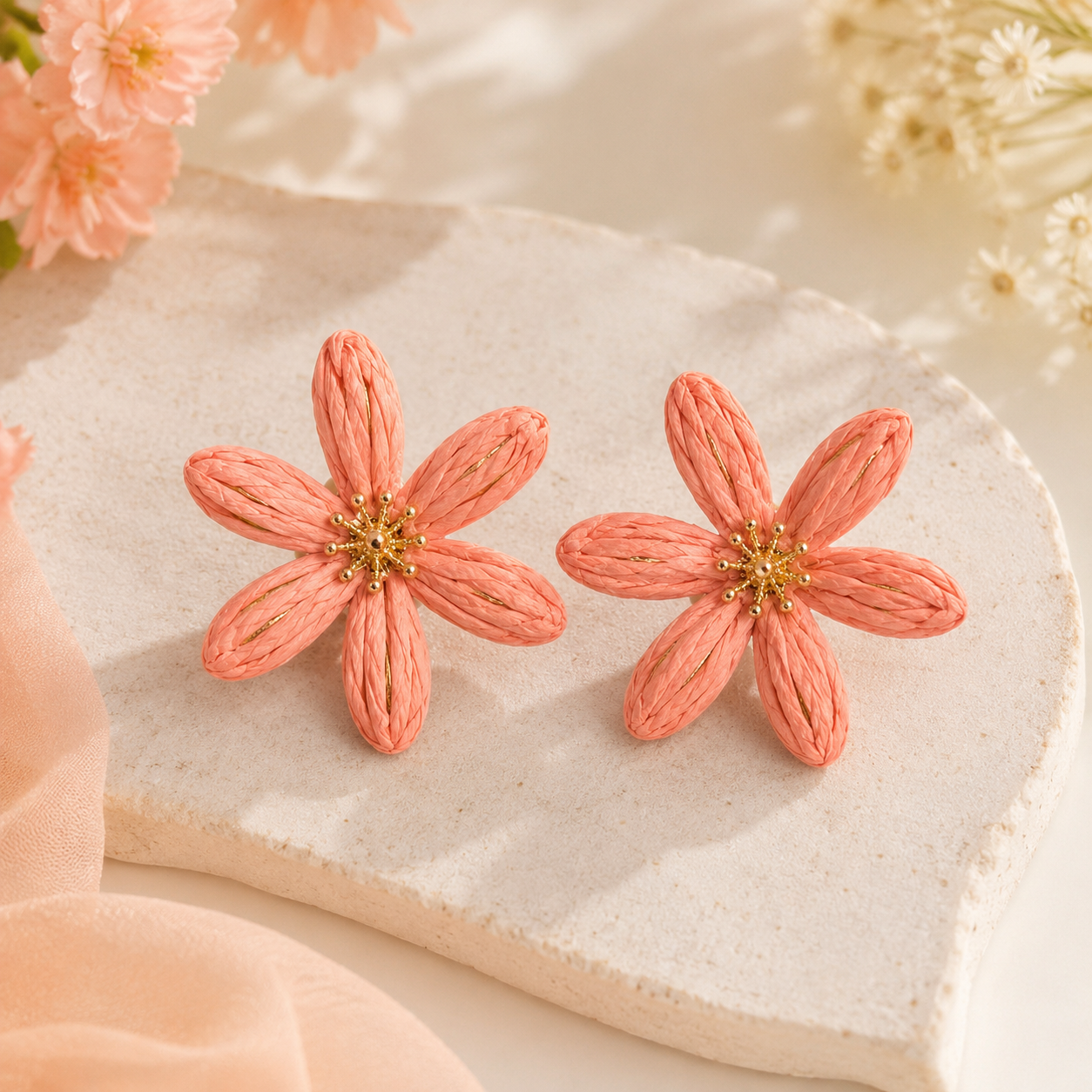 Peach Woven Raffia Daisy Earrings