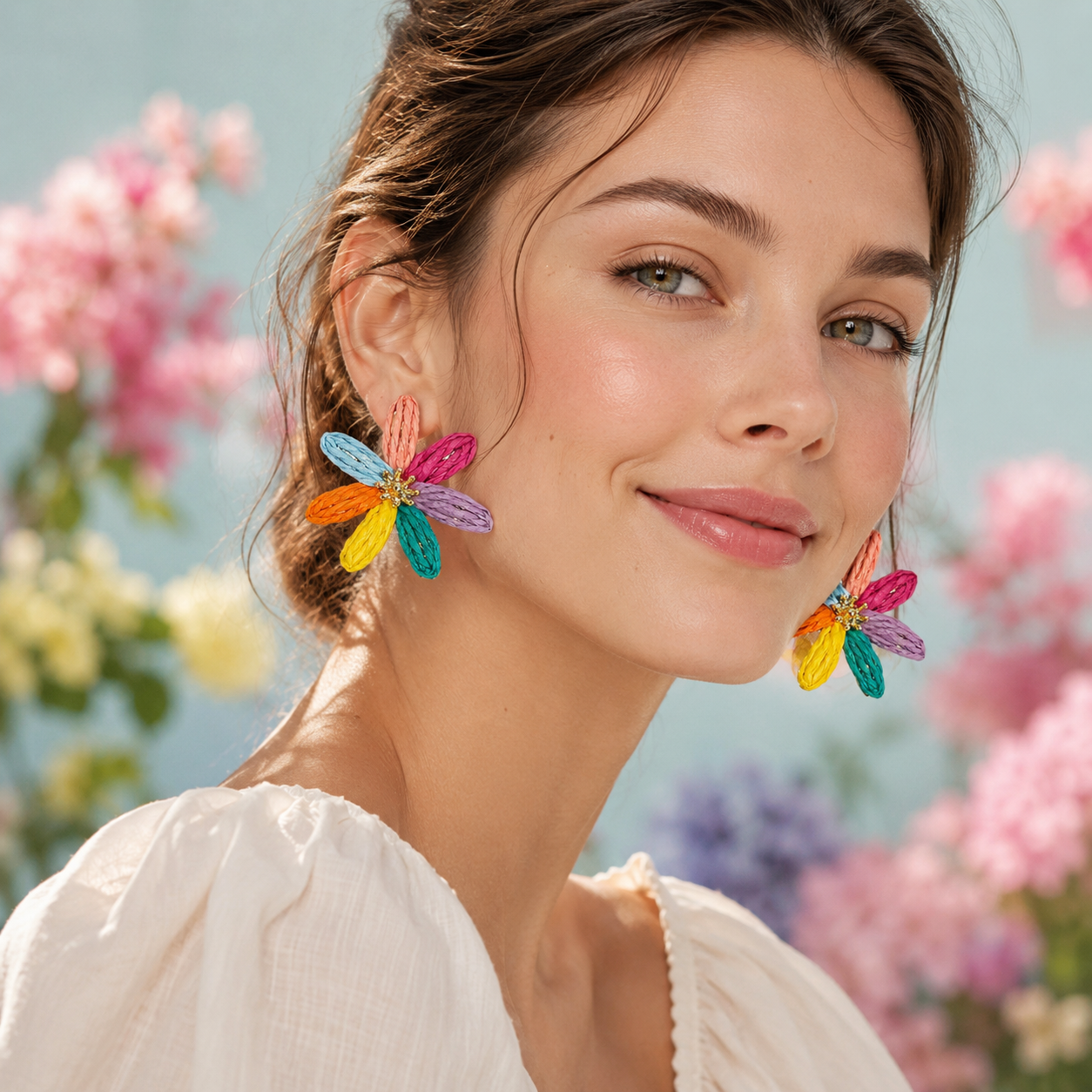 Rainbow Color-Block Woven Raffia Daisy Earrings