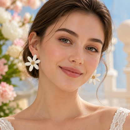 Cream Woven Raffia Daisy Earrings