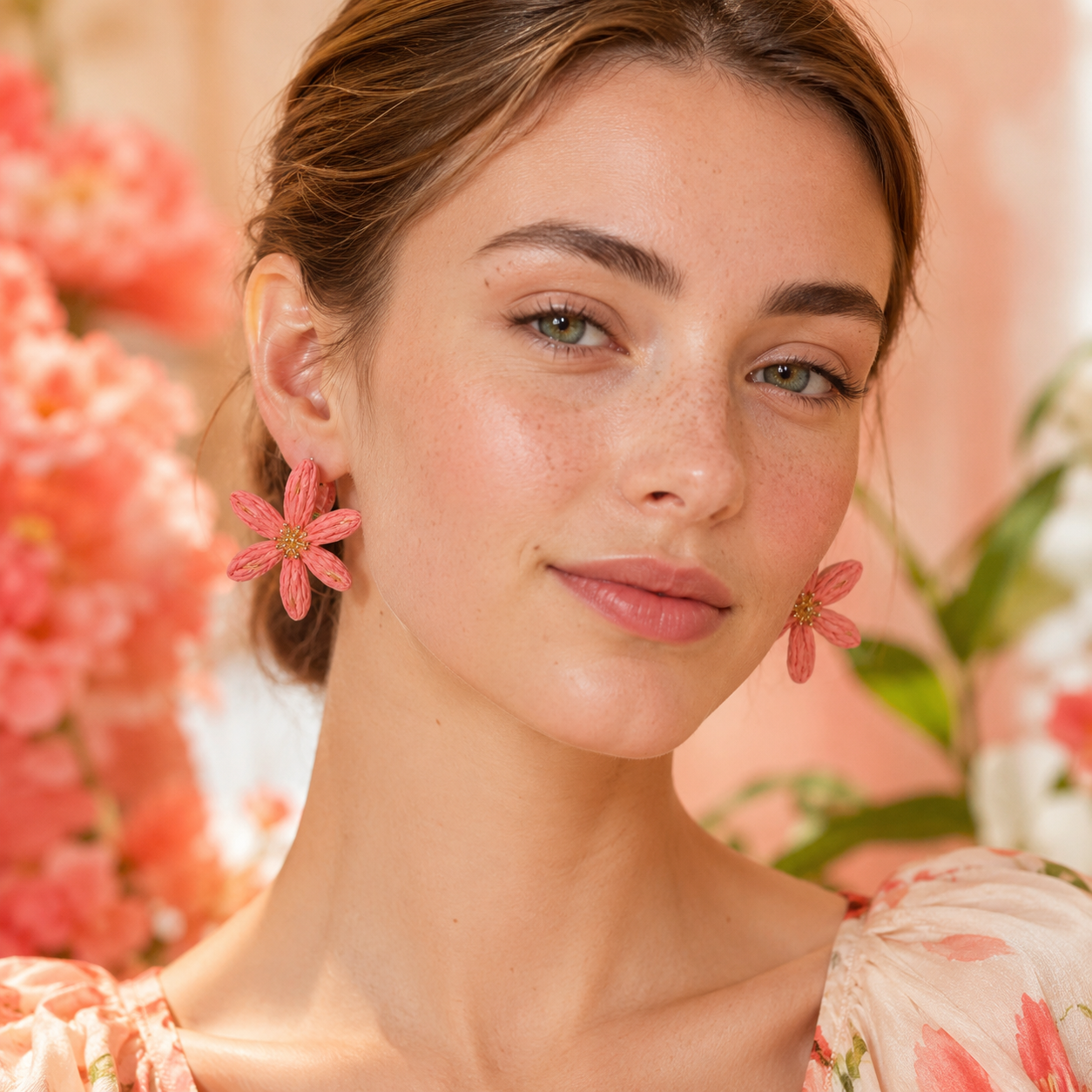 Peach Woven Raffia Daisy Earrings