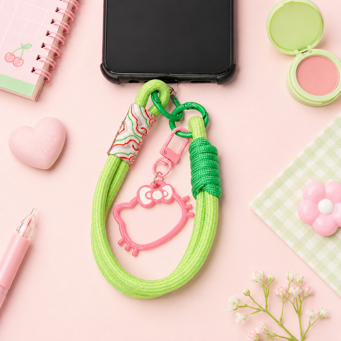 Light Green Braided Mobile Wrist Strap with Pink Kitty Charm