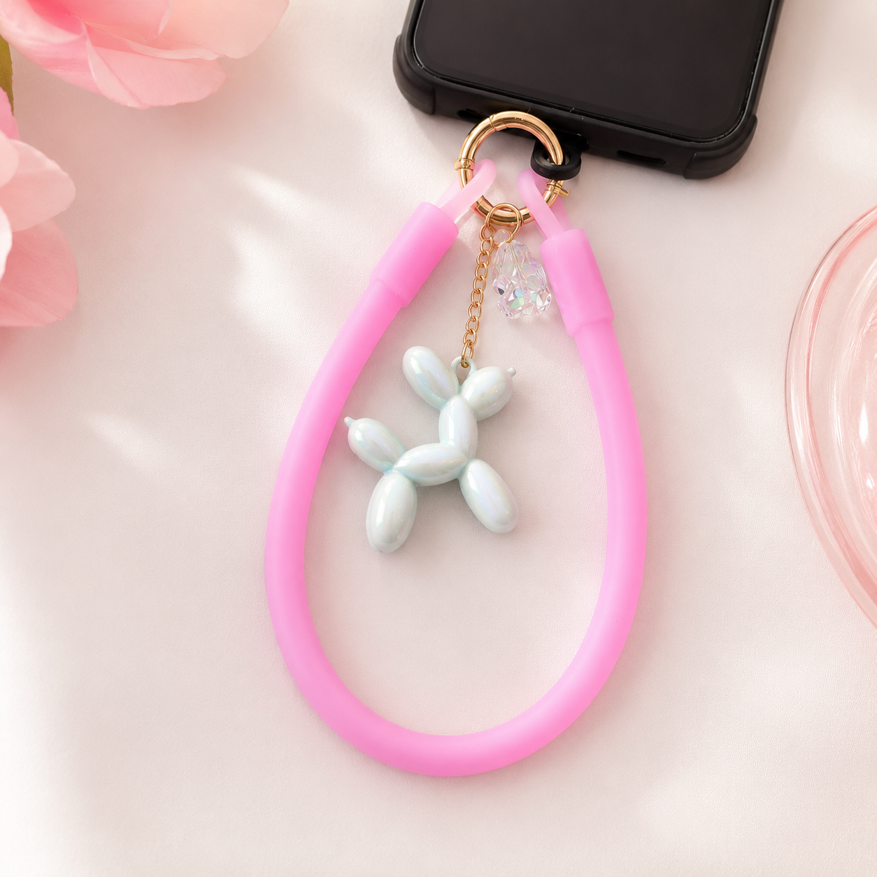 Pink Silicone Wrist Strap with Pearlescent Balloon Dog Charm
