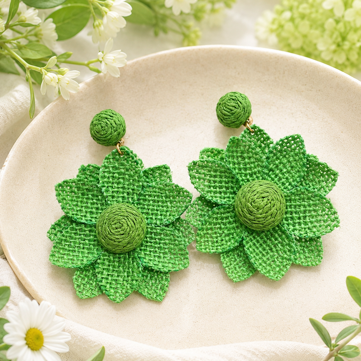 Lime Green Woven Raffia &amp; Burlap Flower Earrings