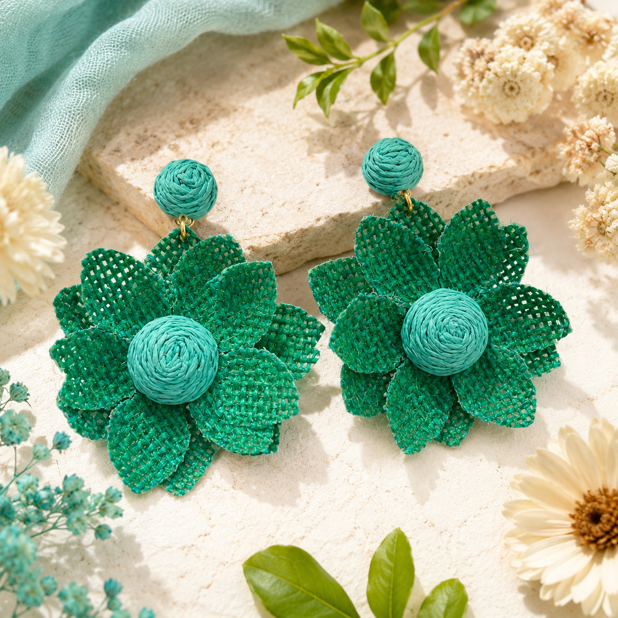 Emerald Green Woven Raffia &amp; Burlap Flower Earrings