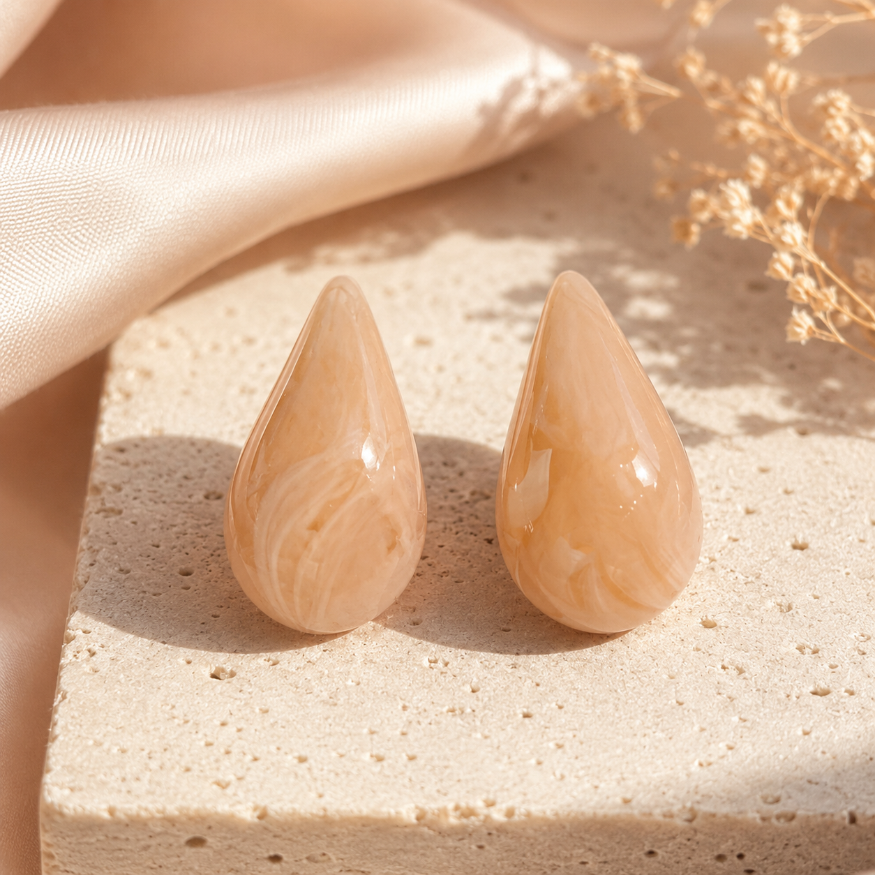 Peach Nude Marbled Acrylic Teardrop Earrings