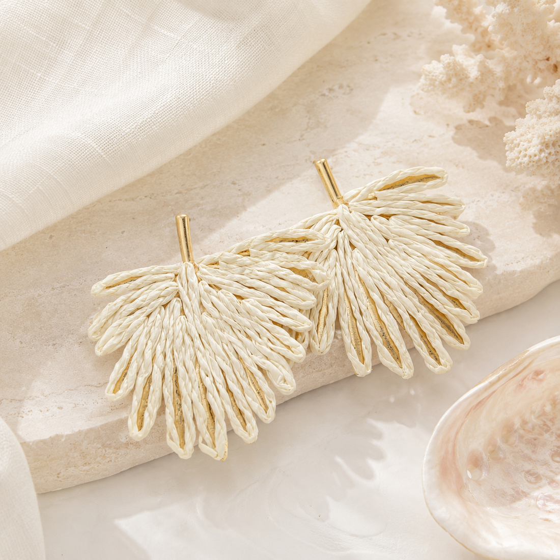 Cream Woven Raffia Fan Statement Earrings