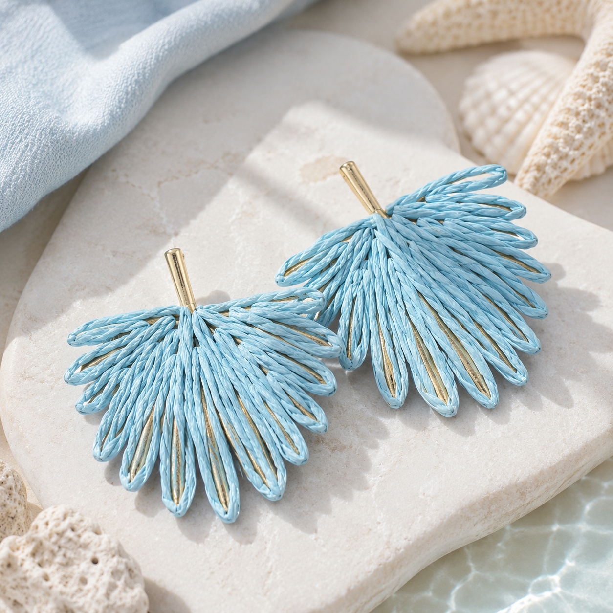Light Blue Woven Raffia Fan Statement Earrings