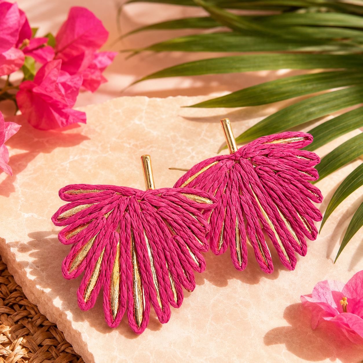 Fuchsia Woven Raffia Fan Statement Earrings