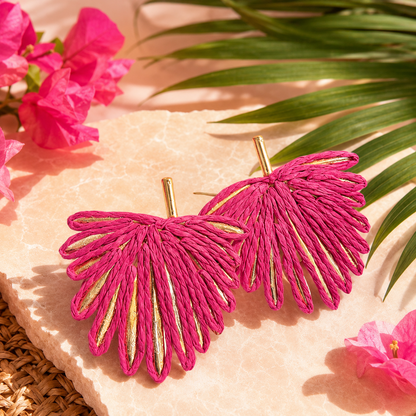 Fuchsia Woven Raffia Fan Statement Earrings