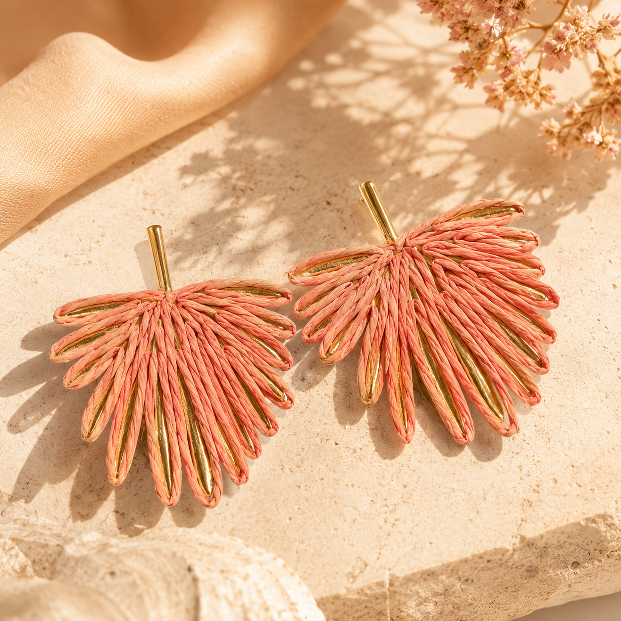 Peach Woven Raffia Fan Statement Earrings